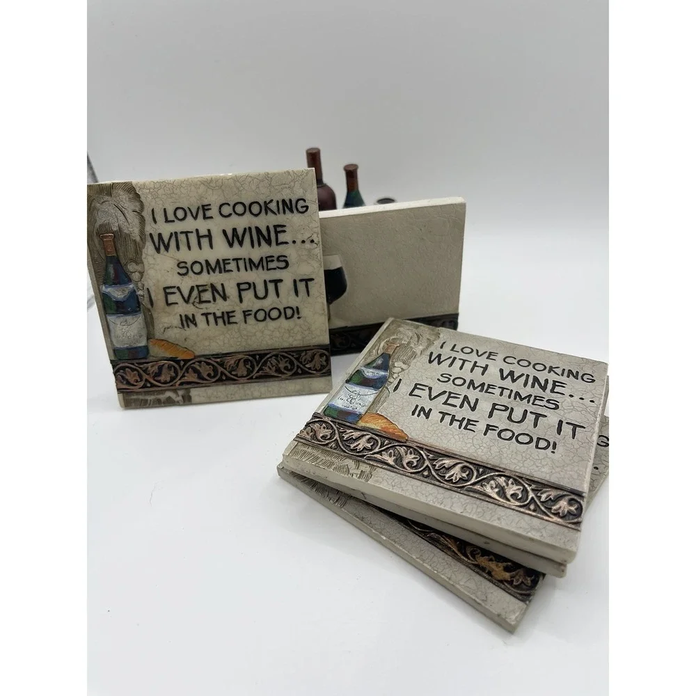 I Love Cooking With Wine 5 Piece Coaster Set 4 Square Tiles‎ and Holder